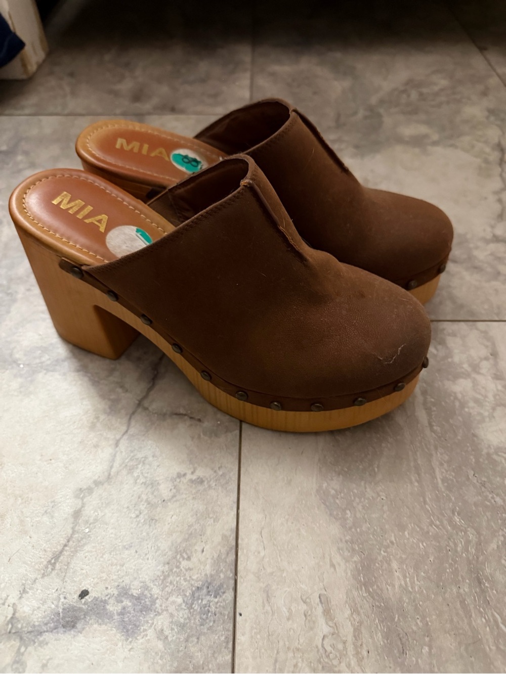 MIA Brown Suede Wooden Platform Clog Mules